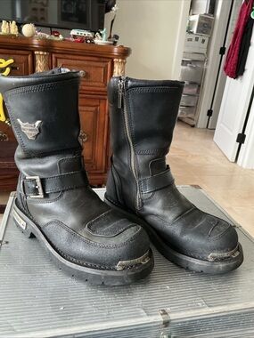 Harley-Davidson Black Leather Zip Motorcycle Boots with Buckle 9.5